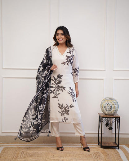 Floral Design Off White Kurta Set with Bottom and Dupatta