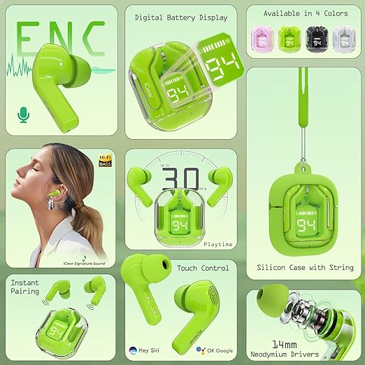 Ultrapods-5.1 Earbuds with 30h Playtime, Headphones Bluetooth Headset (Green, True Wireless)